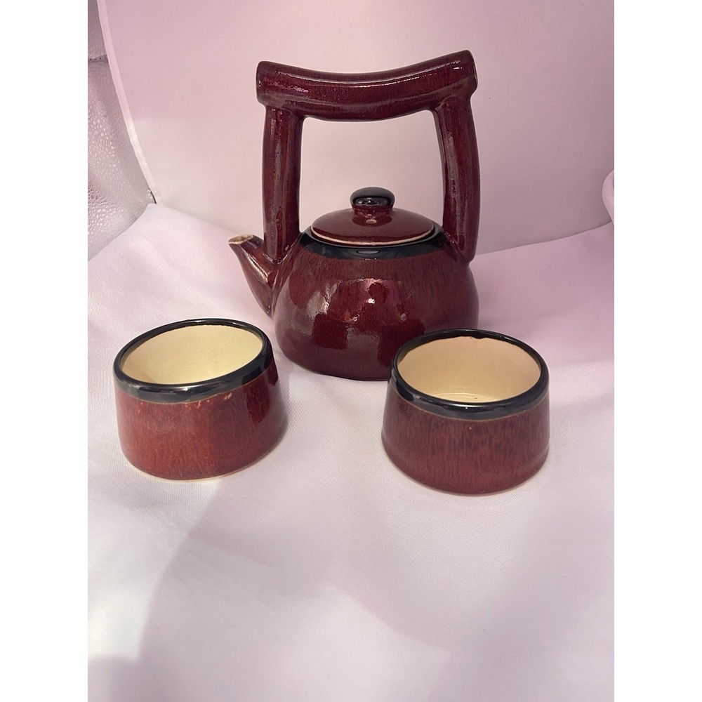Pier 1 Shanghai Tea Set 2 Cups, Teapot & Lid No Tray Deep Red Earthenware